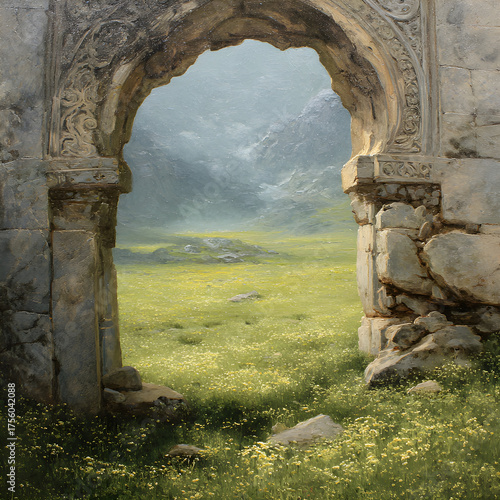 View of an ancient stone archway or ruined wall overlooking a vibrant green field and misty hills, with a foreground covered in wildflowers and tall grasses in a romanticism painting style.