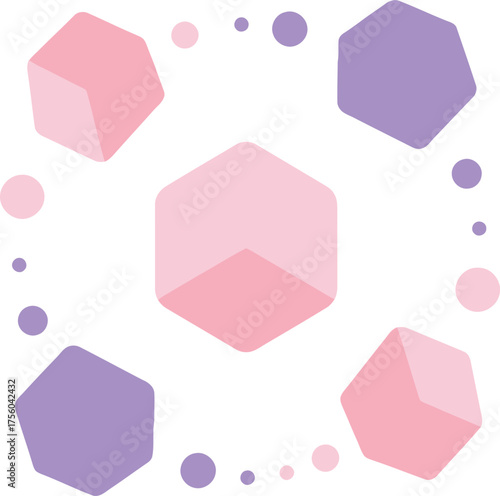Geometric pattern with pink and purple cubes and circles on white.