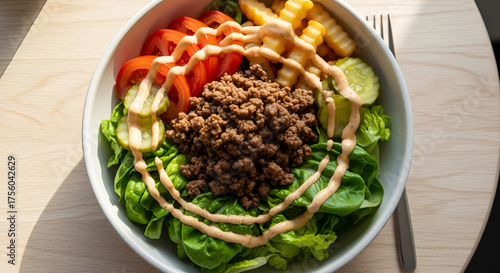 Loaded burger bowl with fries and sauce drizzle overhead