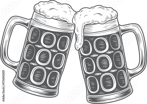 Clinking Beer Mugs Vector Illustration – Hand Drawn Toast Design for Bar, Celebration, and Oktoberfest