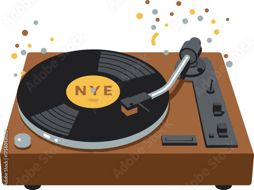 A retro turntable with 'NYE' on the vinyl record.
