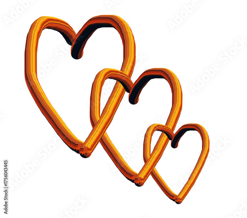 Set of three hand drawn heart shape golden color hearts realistic decoration 3d object. Set of Romantic Symbol of Love Heart vector illustration on transparent background.