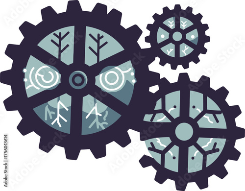of three interlocked gears with abstract design inside.