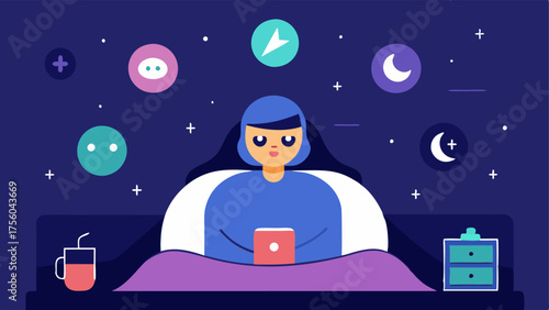 Bedtime Routine A cozy nighttime scene with a person snuggled in bed wearing a sheet mask with exosome icons glowing softly around them promoting relaxation and repair.