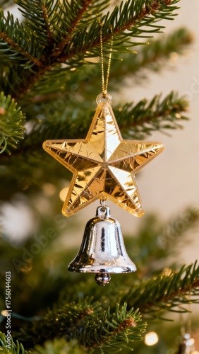 Golden star ornament with silver bell hanging on a Christmas tree branch