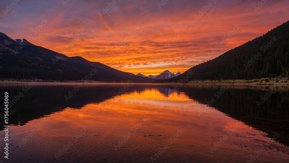 Fototapeta premium Stunning evening sky over mountain peaks mirrored in water, perfect for a nature screensaver