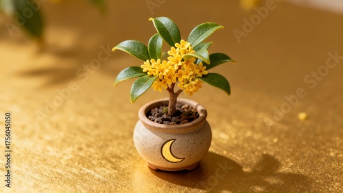 Small potted plant with yellow flowers and green leaves in a ceramic pot featuring a crescent moon design, placed on a golden surface.