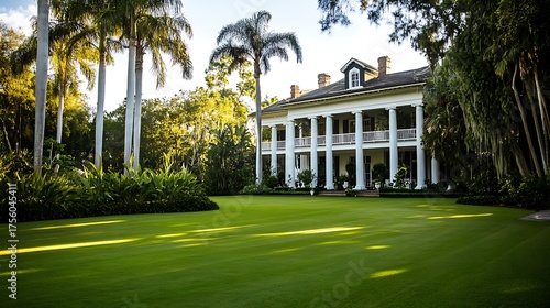 Luxury estate home with palm trees and green lawn in florida real estate architecture beautiful mansion view