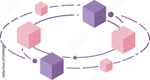 Isometric cubes in orbit, conceptual diagram on a white background.