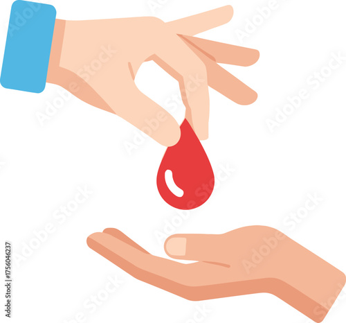 Donating blood, giving. Drop of blood in hands, flat .