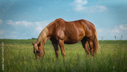 Bay-colored horse eating grass in a field