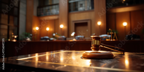 Wooden gavel on table courtroom gavel judge bench hearing law justice courtroom interior night warm lighting