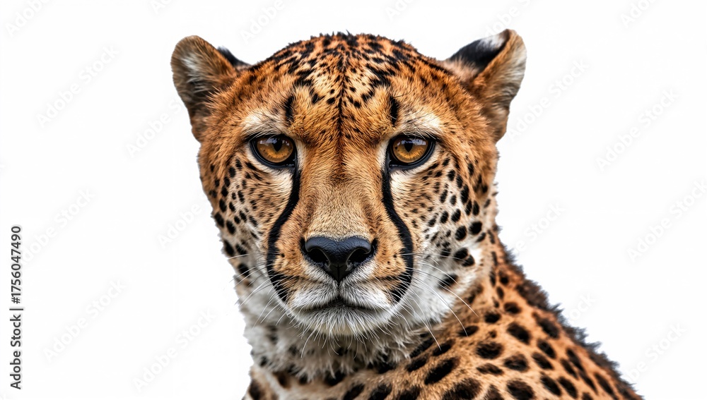 Obraz premium A detailed close-up of a cheetah's striking eyes set against a plain white backdrop.