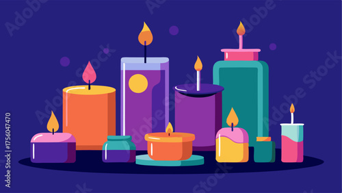 A display of vibrant scented candles in various sizes and scents