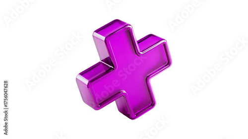 A shiny purple plus sign rendered in 3D with a smooth glossy texture and metallic reflections