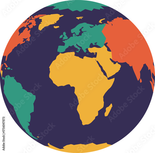 Stylized globe showcasing continents with flat design and varied colors.