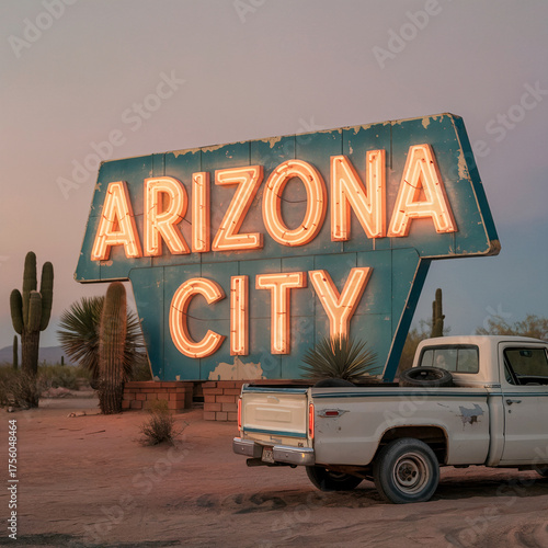 Arizona City Neon Sign in Desert Twilight with Old Pickup Truck Nearby