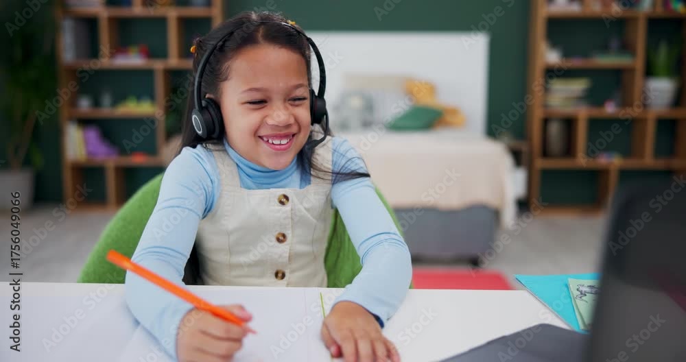 Kid Learning Computer Zyrtec Education, girl and child with headset for e learning on laptop for ...