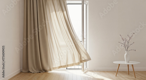 Sunlit Minimalist Room with Flowing Curtain, generative ai