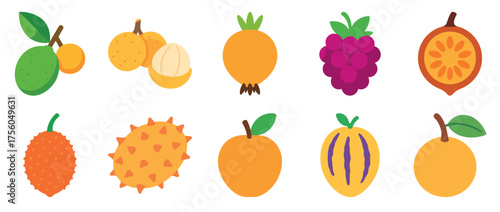Colorful assortment of exotic fruits on white background