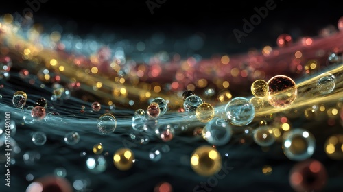 Shiny spheres in blue, gold, pink, and clear hues on dark background. Use for technology, science, or abstract presentations, it's very versatile.