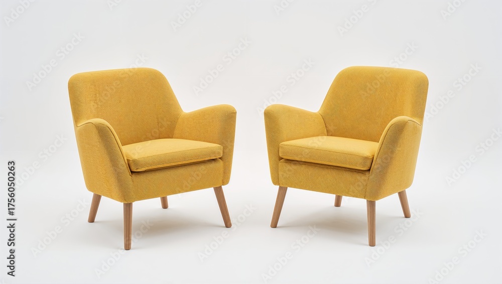 Fototapeta premium Yellow armchair and matching leg chair in modern textile design on a white backdrop