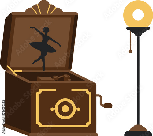 Vintage music box with ballerina silhouette and standing lamp .