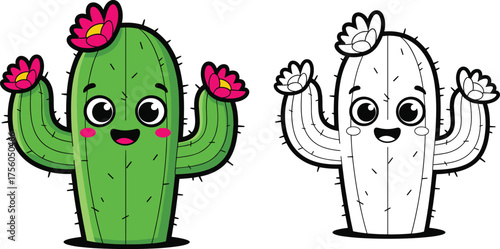 Cartoon cactus character illustration set, colorful and outline versions with smiling face, pink flowers, and raised arms, desert theme, vector clipart