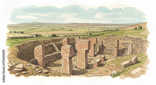 Göbeklitepe Ruins, World’s Oldest Temple in Southeastern Turkey, watercolor style, generative ai