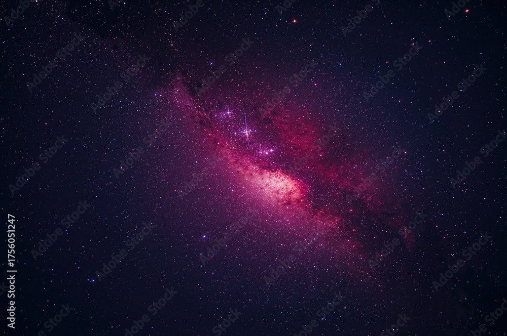 Fototapeta premium A sudden burst of light against a dark sky with sparkling stars and a vivid crimson galaxy