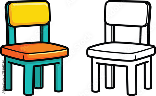Cartoon chair illustration set, colorful and outline versions with yellow backrest and teal legs, home and school theme, vector clipart, design asset