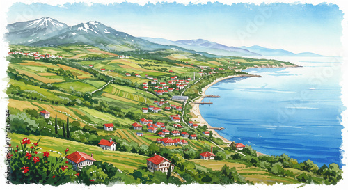 Coastal Landscape with Countryside Houses and Blue Sea View, watercolor style, generative ai
