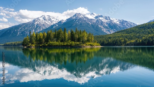 Stunning view of snowy peaks surrounding a lake mirroring lush green forest along the shoreline.