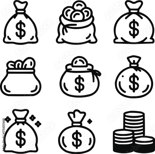 Minimal Money Bag Icon Set – Line Art Symbols of Wealth and FinanceMinimal Money Bag Icon SetLine Art Symbols of Wealth and Finance