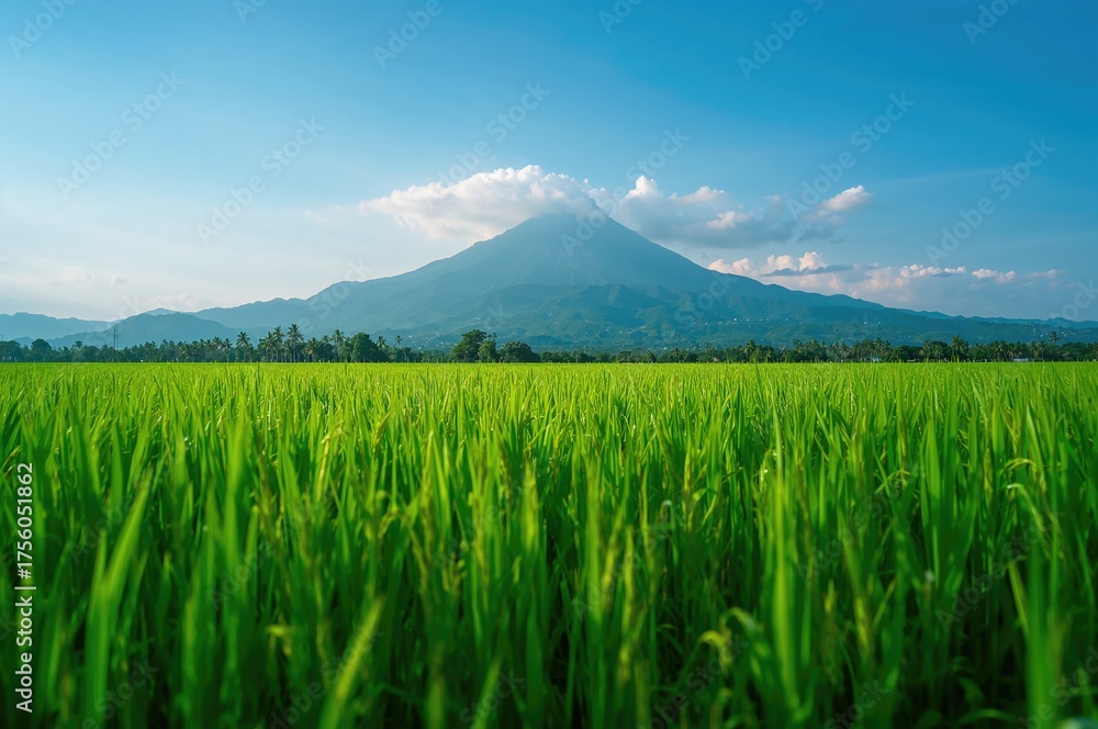 Fototapeta premium Vast fields of verdant rice crops set against a backdrop of hills and clear skies, nature, agriculture, landscape, greenery, blue, plant, food