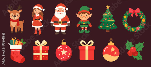 Christmas characters and objects illustrations set. Vector cartoon clipart for Christmas decorations.