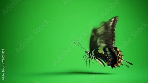 Close-Up of a Butterfly with Intricate Wing Patterns on a Bright Green Screen Background