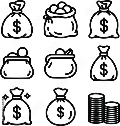 Minimal Money Bag Icon Set – Line Art Symbols of Wealth and FinanceMinimal Money Bag Icon SetLine Art Symbols of Wealth and Finance