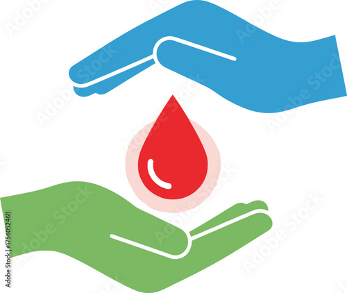 Two hands are protecting a red blood drop. Donation, healthcare concept.
