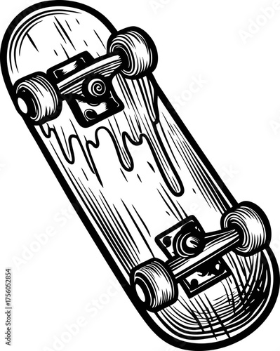 Grunge skateboard illustration with melting graphic elements urban sports art, street style, extreme action concept, black white ink