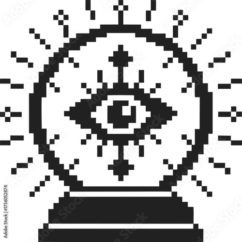 Mystical crystal ball with all seeing eye, pixel art magical fortune telling, psychic powers, spiritual vision, retro icon