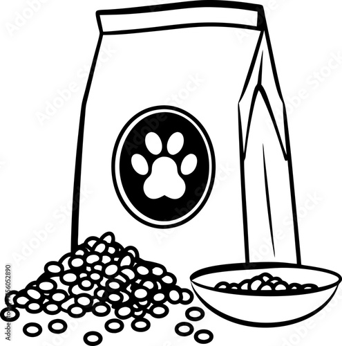 Dry pet food bag with paw print and kibble in bowl animal nutrition concept, black and white outline illustration