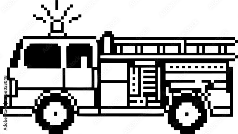 Obraz premium Pixel art fire engine with flashing lights retro rescue vehicle, emergency response, black and white illustration