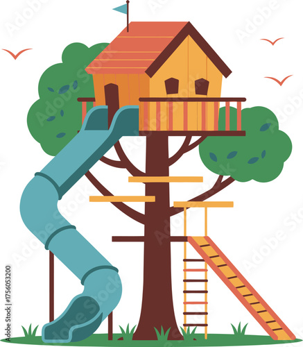 A treehouse with slide and ladder.
