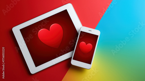 Heart symbols on tablet and smartphone with colorful background