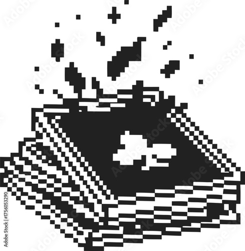 Explosion of energy from stack of old pixel art books black and white retro illustration for creativity and adventure concept