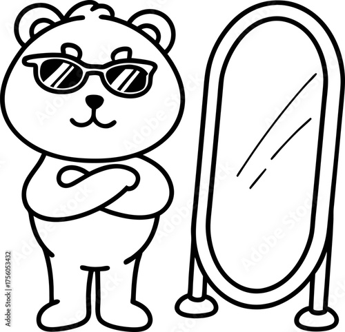 Confident bear wearing sunglasses standing with crossed arms in front of tall mirror, cool attitude illustration