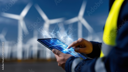 Worker using tablet at wind farm during sunny day