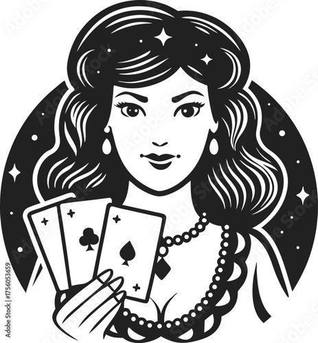 Elegant fortune teller woman holding playing cards, vintage illustration with stars and jewelry details