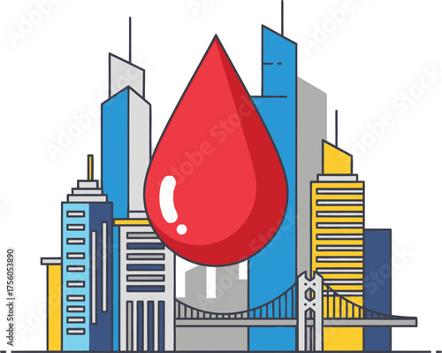 Stylized city skyline with a blood drop overlay, promoting blood donation.